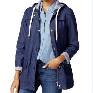 MAISON JULES slicker windbreaker,dark blue,size Large, hooded, lined pinstripes